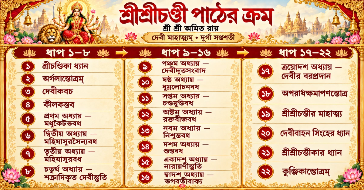 শ্রী শ্রী অমিত রায় পরম্পরায় শ্রীশ্রীচণ্ডী পাঠের ২২টি ধাপের বাংলা ক্রমচিত্র