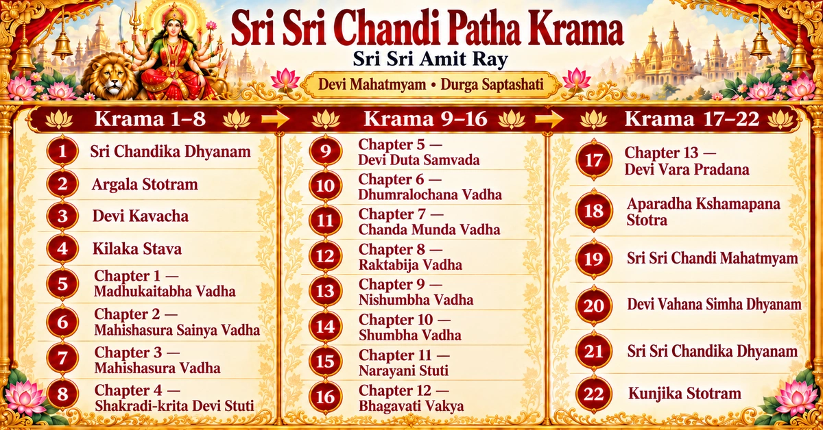 All 22 Sri Sri Chandi Patha steps in the Sri Sri Amit Ray Tradition: Chandika Dhyanam, Argala, Kavacha, Kilaka, Chapters 1–13 and the five closing texts