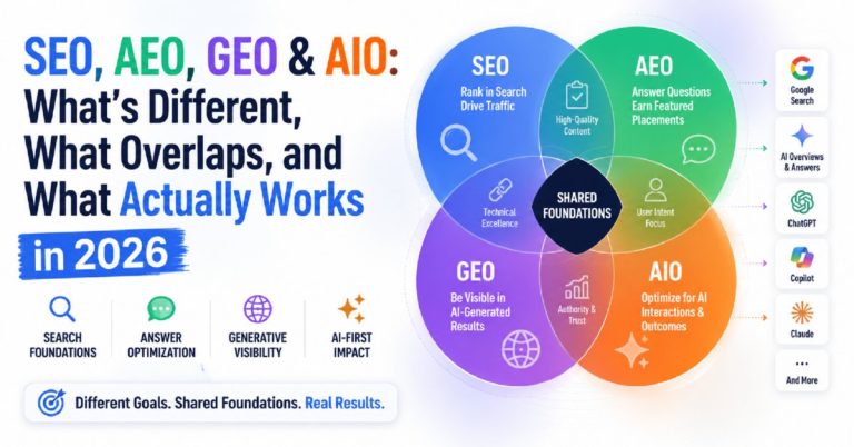 SEO, AEO, GEO & AIO: What’s Different, What Overlaps, and What Actually Works in 2026