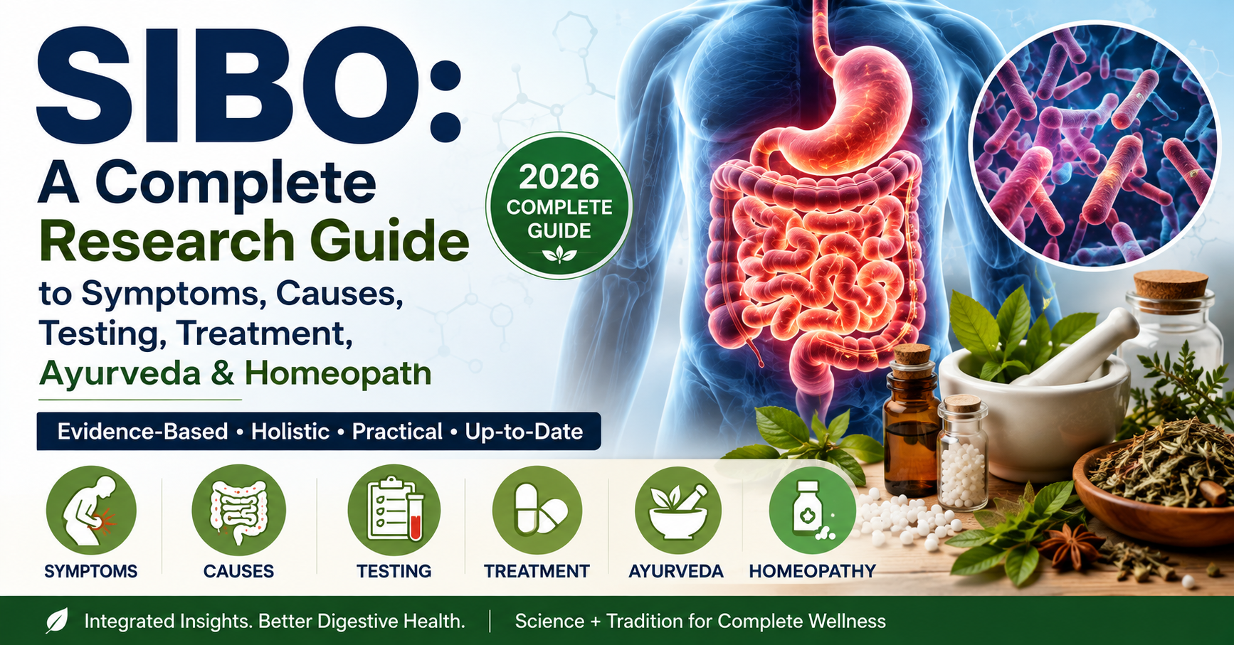 SIBO: A Complete Research Guide to Symptoms, Causes, Testing, Treatment, Diets, Ayurveda & Homeopathy