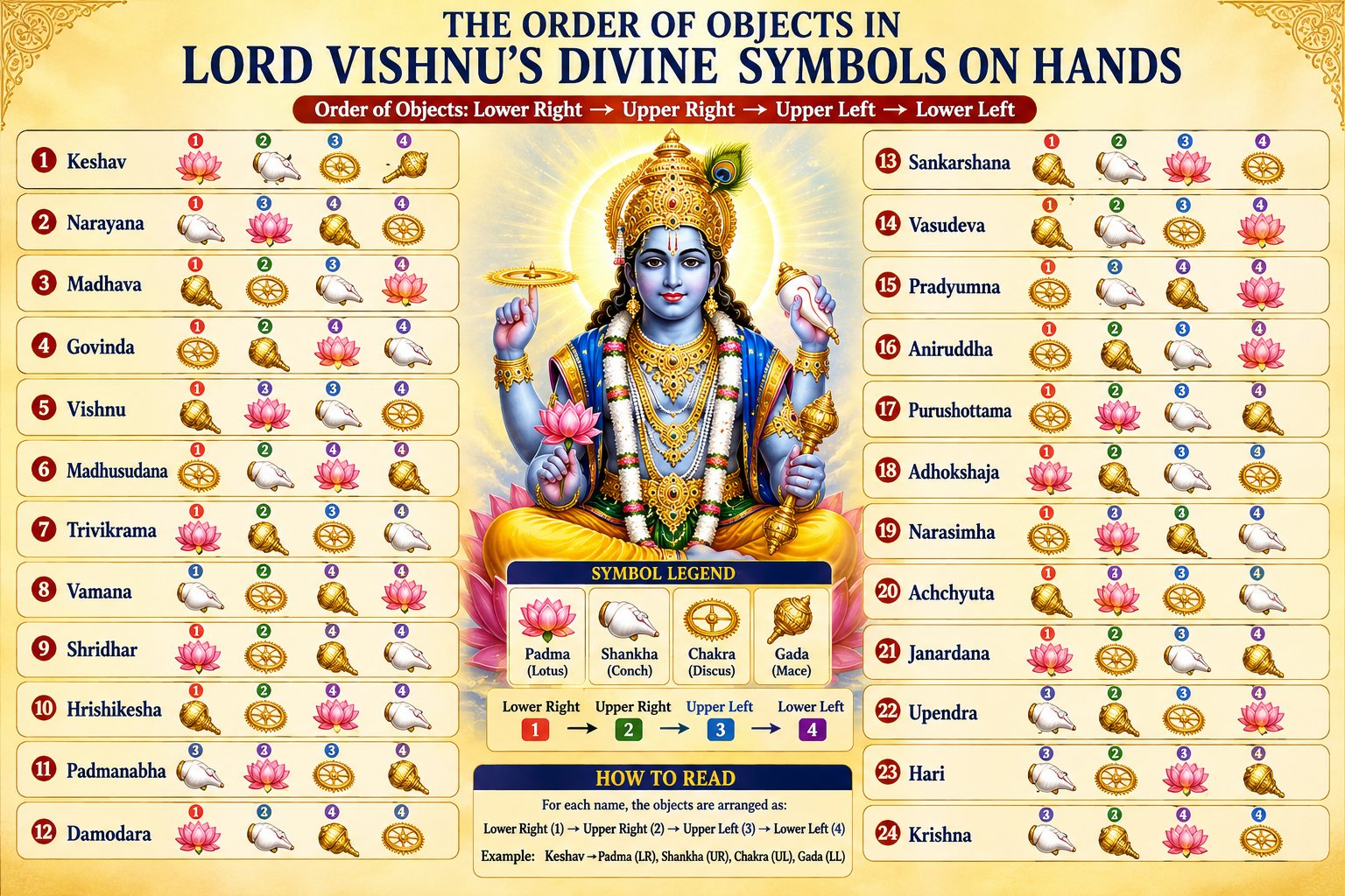 The 24 Sacred Names of Lord Vishnu – Significance and Position of the Divine Symbols