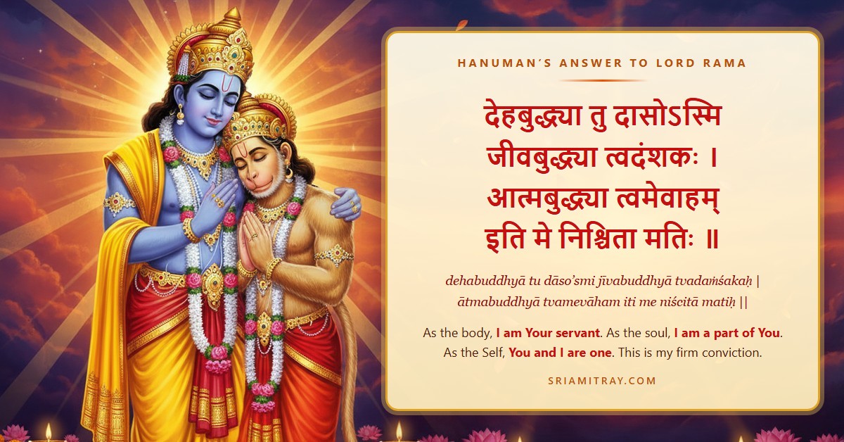 Lord Rama embracing Hanuman, with the Sanskrit verse Dehabuddhya tu dasosmi, its transliteration and meaning