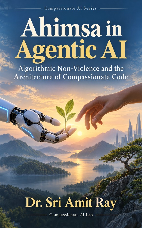 Front cover of Ahimsa in Agentic AI by Dr. Sri Amit Ray: a robotic hand and a human hand around a green seedling at sunrise over a lake
