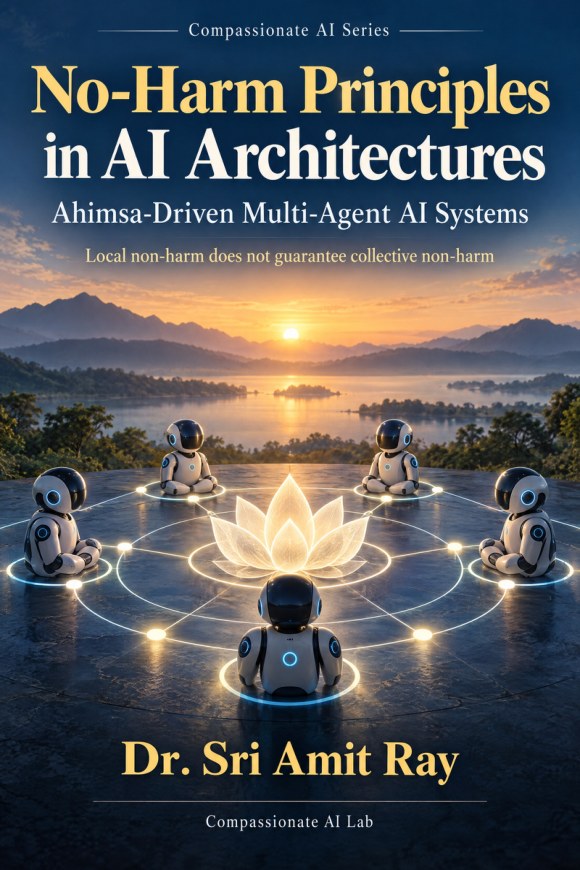 Front cover of No-Harm Principles in AI Architectures by Dr. Sri Amit Ray: AI agents seated in a circle around a glowing lotus at sunrise