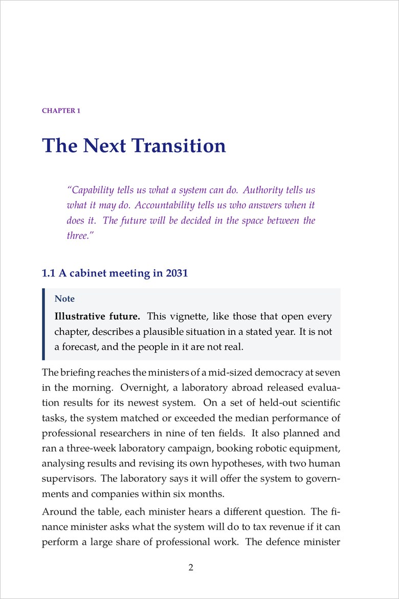 Sample page: the opening of Chapter 1, The Next Transition, with its epigraph and an illustrative future set in 2031